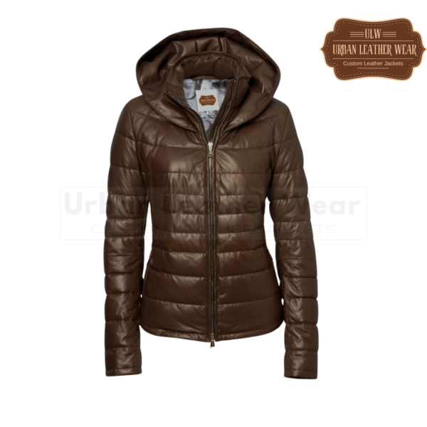 Ladies leather down jacket chocolate brown