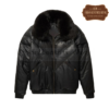Leather V-Bomber Jacket Black with Black Fox Fur