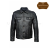 Men Leather Trucker Jacket Denim style Black With White Seems