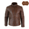 Men Real Leather Quilted Puffer Zipped Jacket Brown