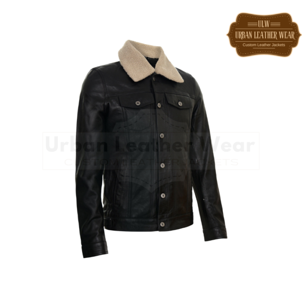 Men Leather Trucker Jacket Denim Style Black Fur Collar