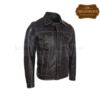 Men Leather Trucker Jacket Black White Stitches
