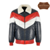 Mens Puffer Three Tone Real Leather V-Bomber Jacket (Black-Red-White)
