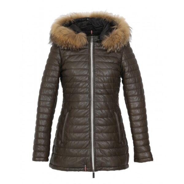 Women’s Genuine Leather Long Down Jacket (Brown)