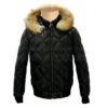 Quilted puffer leather jacket with diamond stitching and fur hoodie