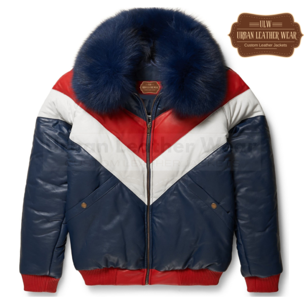 Two-Tone Leather V-Bomber Jacket (Navy - White - Red)