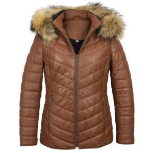 Women genuine leather long down jacket (Brown)