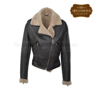 Women Brown Shearling Leather Fur Moto Biker Jacket