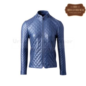 Women Blue Quilted Leather puffer Jacket