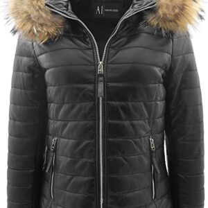 Womens Real Leather Puffer Jacket Fully Quilted Removable Hood Colours Black