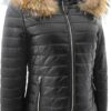 Women Real Leather Puffer Jacket Quilted Removable Hood (Black)