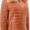 Women Real Leather Puffer Jacket Quilted Removable Hood (brown)